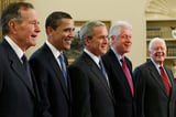 Trump goes unmentioned but not ignored as Clinton, Bush, and Obama step up as essayists on presidents