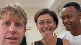 Emma Willis grimaces as she joins her fellow new Strictly hosts Josh Widdicombe and Johannes Radebe to learn a dance routine ahead of the show's launch