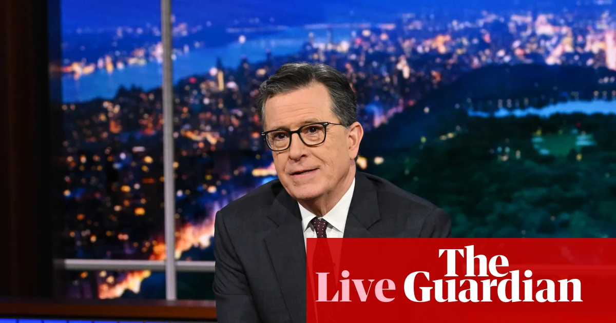 CBS accused of ‘corporate capitulation’ amid row over Colbert interview with Democrat – US politics live