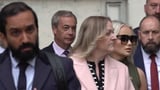 Nigel Farage waves to supporters outside court as woman admits throwing milkshake over him