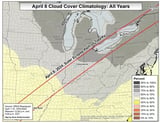 Weather forecast for April 8 (solar eclipse day) showing rain, clouds