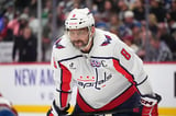 Alex Ovechkin skates before Capitals practice as he works to return from a broken leg