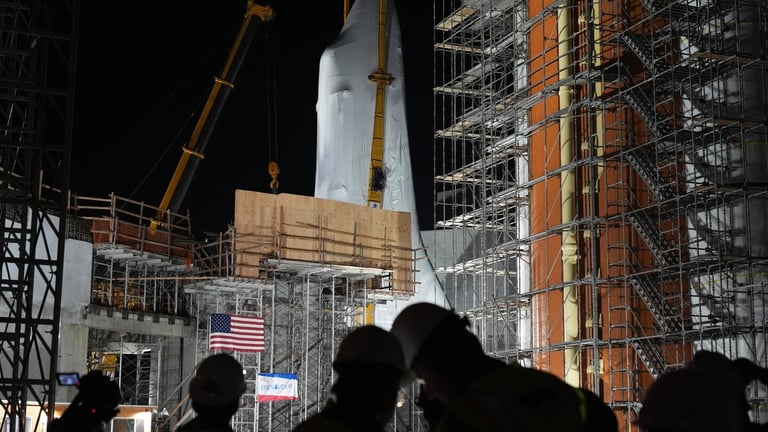 Space Shuttle Endeavour Readies for LA Display in Launch Pose