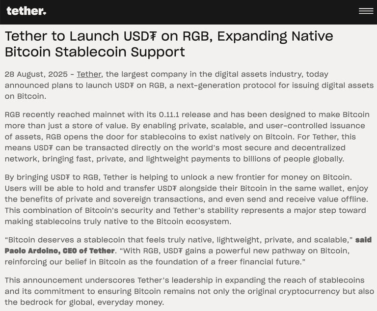 Tether Launches USDT on Bitcoin Using RGB Protocol for Enhanced Privacy and Scalability