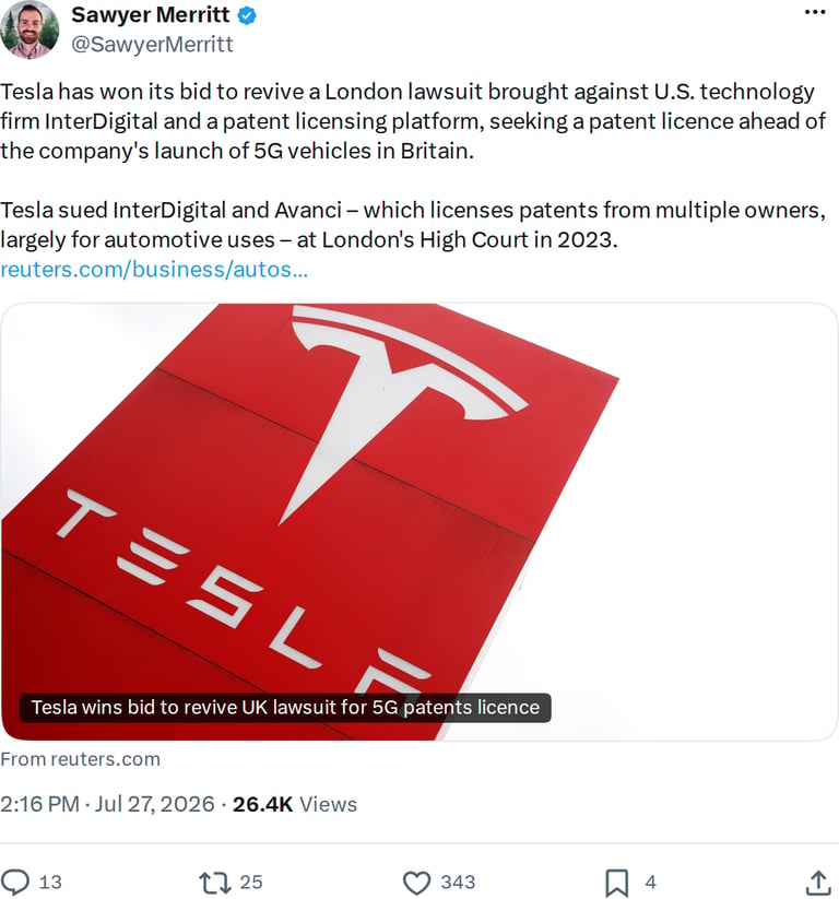 UK Supreme Court Reopens Tesla's 5G FRAND Lawsuit Against InterDigital, Avanci: Implications for Global Licensing