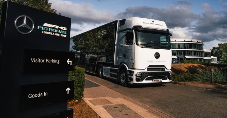 Mercedes F1 Leads Green Revolution with All-Electric Trucks for Race Transport