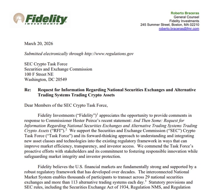 Fidelity Pushes SEC for Clear Crypto Regulation to Boost Tokenized Trading and DeFi Integration