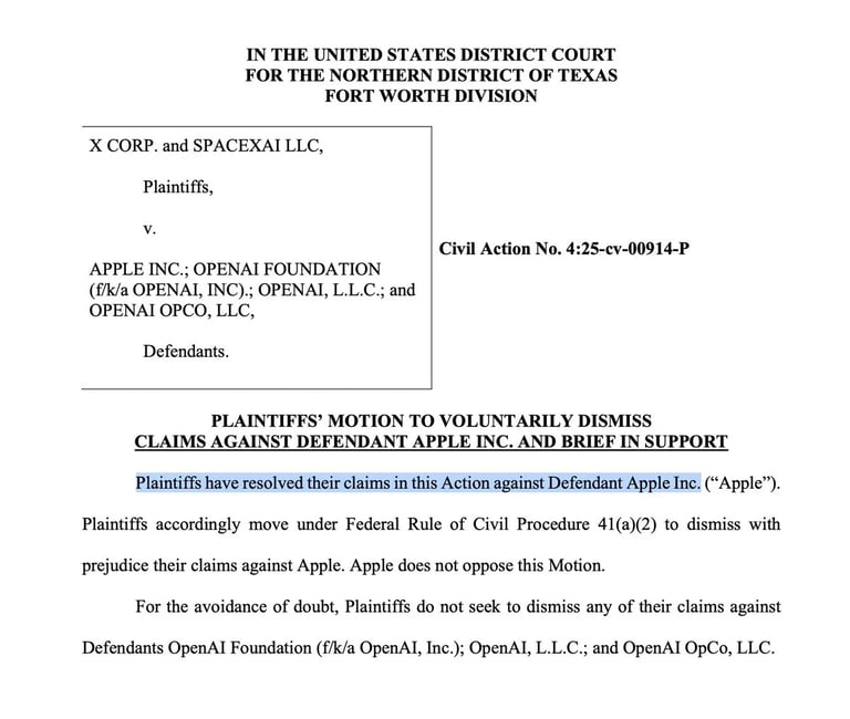 Apple and X Corp/SpaceXAI Settle Antitrust Case; OpenAI Claims Persist
