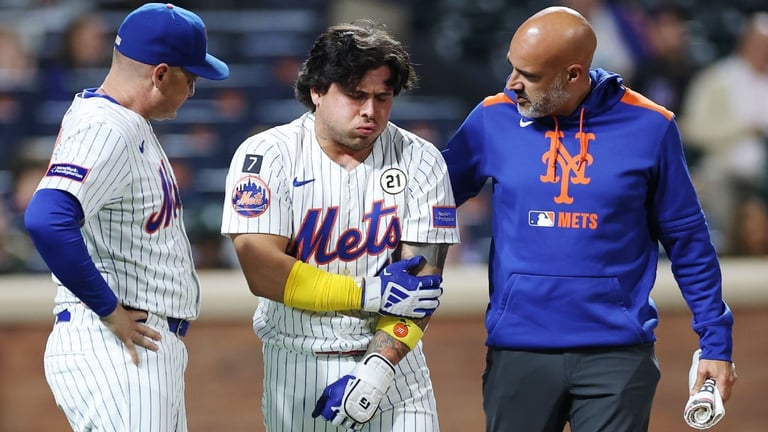 Mets' Catcher Alvarez Exits Game After Taking 99.8 mph Pitch to Arm Amid Injury Battle