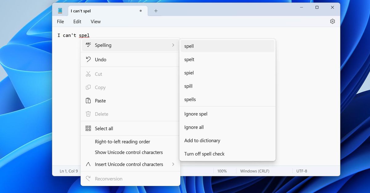 Microsoft’s Notepad gets spellcheck and autocorrect 40 years after launch