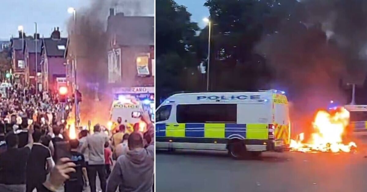 Leeds streets in flames after violent thugs spark chaos and hurl bricks at police