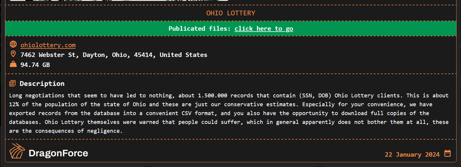Ohio Lottery Hit by DragonForce Hack, 538K Exposed on Christmas Eve