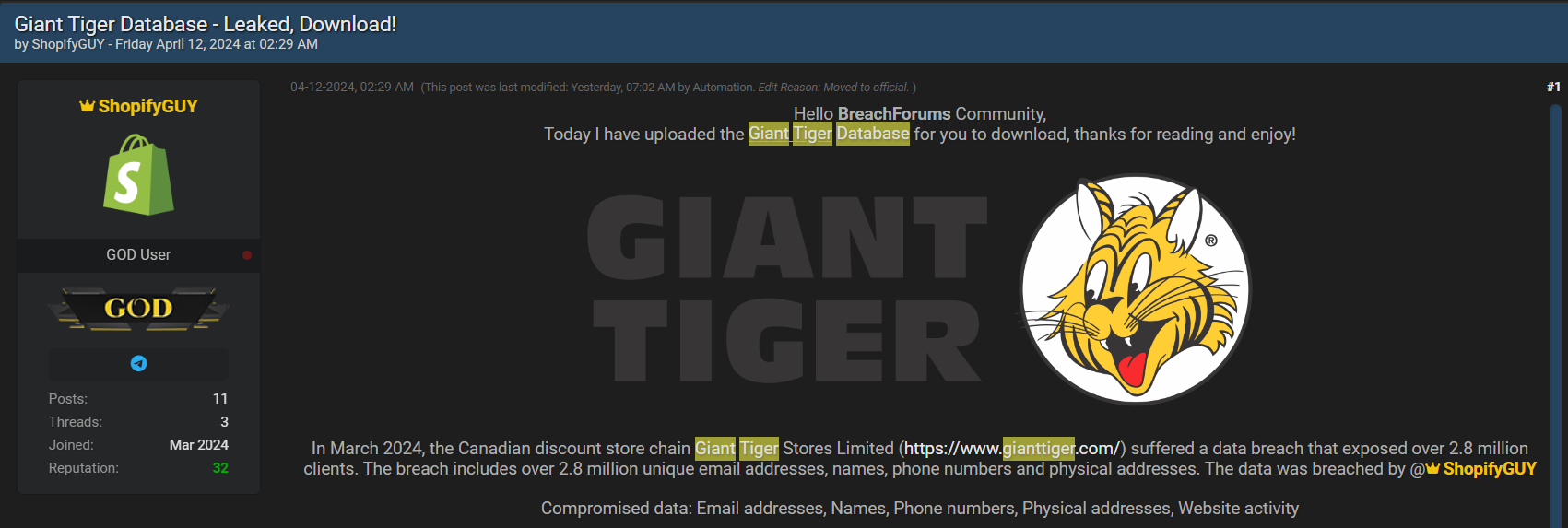 Giant Tiger Retail Hack Exposes 2.8M Customer Records, No Financial Data Leaked